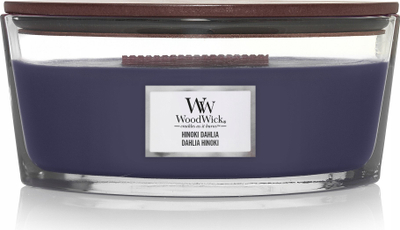 Qiri aromatik WoodWick Hinoki Dahlia, aromë ambër, elips, vjollcë e errët