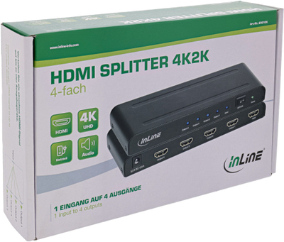 HDMI Сплитер InLine, 4 порти, 4K 60Hz, црн