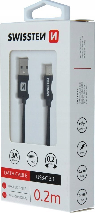 Kabllo USB Swissten Textile, USB A me USB C, 0.2m, e zezë