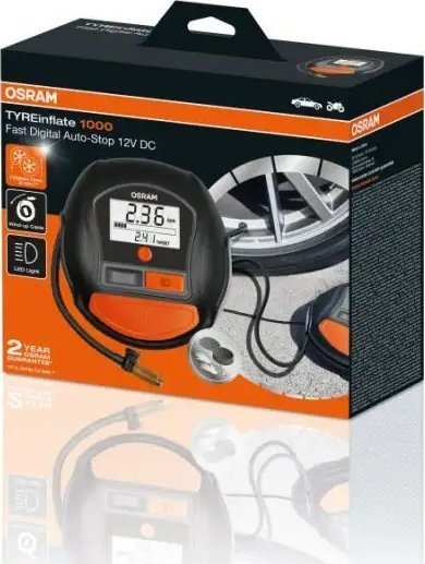 Kompresor gomat OSRAM TYREinflate 1000, digjital, 12V, i zi me portokalli