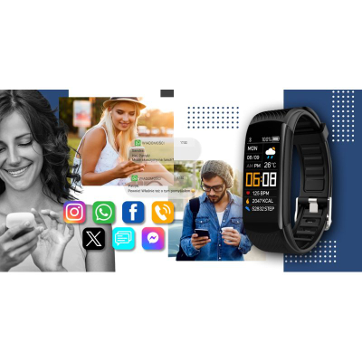 Byzylyk inteligjent Giewont GW200, numërim hapash edhe rrahjesh zemre, Bluetooth, i zi me rrip navy blue
