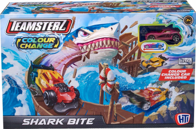 Set lojrash Teamsterz Color Change Shark Bite, pistë me makina, me makinë metalike