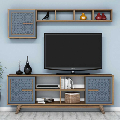 Set muri dhomë ndeje Lewisville, për TV deri 60", dru arrë, panele blu