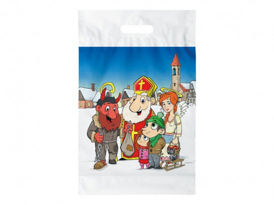 Qese dhuratash plastike MFP Shën Nikolla L, 29x46x8 cm, motiv festiv, shumëngjyrëshe