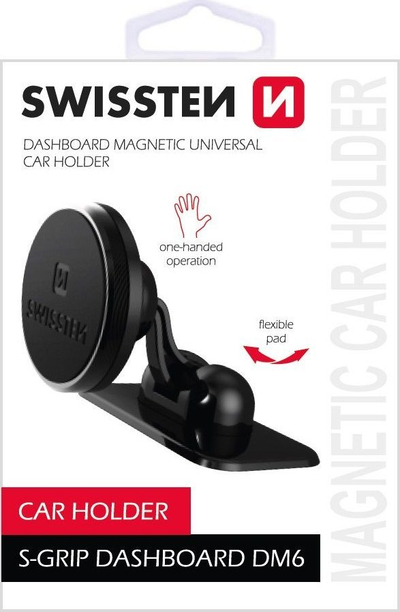 Mbajtëse magnetike për telefon Swissten S-Grip Dashboard DM6, metal, me ngjitës, e zezë
