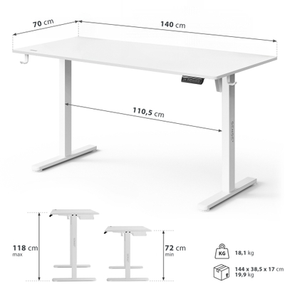 Tavolinë elektrike SENSE7 NOJO LIGHT, 140 x 70 cm, e bardhë