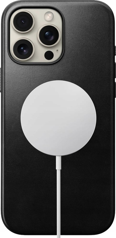 Kllëf telefoni Nomad Modern Leather, për iPhone 16, lëkurë natyrale, i zi