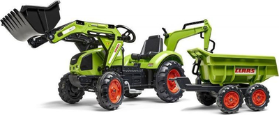 Traktor lodër Falk Claas Arion 430, për hipur me pedale, me rimorkio dhe ngarkues, i gjelbër