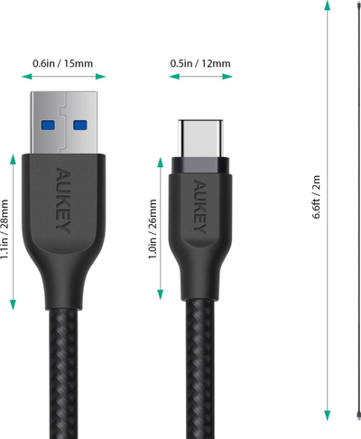 Kabllo Aukey, USB-C 3.0 në USB-A 3.1, 2m, e zezë