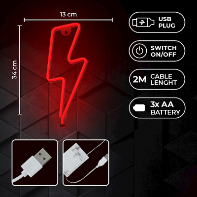 Lampë murale dekorative TelForceOne Forever Light, LED, formë rrufeje, e kuqe