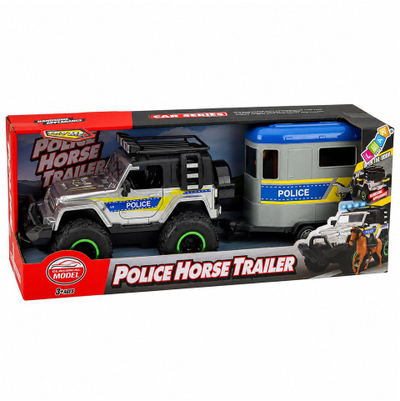 Lodër makinë policie LeanToys Police Horse Trailer, off road me rimorkio e kal, drita dhe zë, argjendtë dhe blu