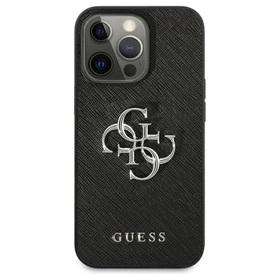 Mbulesë telefoni Guess 4G Metal Logo Saffiano për iPhone 13 Pro, PU, e zezë