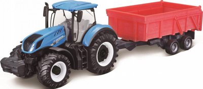 Lodër traktor New Holland T7.315 me rimorkio Bburago, model metal, gjatësi 27 cm, blu