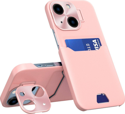 Këllëf telefoni Hurtel Leather Stand Case për iPhone 14 Plus, me xhep karte, me këmbëz qëndrimi, rozë