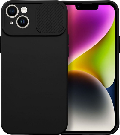 Këllëf silikoni për iPhone 14 Plus, kapak kamere rrëshqitës, i zi