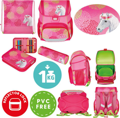 Set çantë shkolle Herlitz Loop Plus Bloomy Horse, ergonomike, pa PVC, rozë