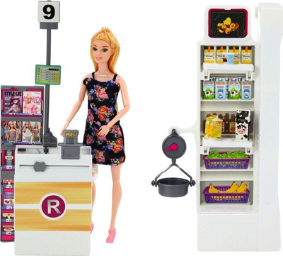 Set lojrash me role LEAN Toys In the Supermarket, kukull me gjëra supermarket, për kalamaj 3+