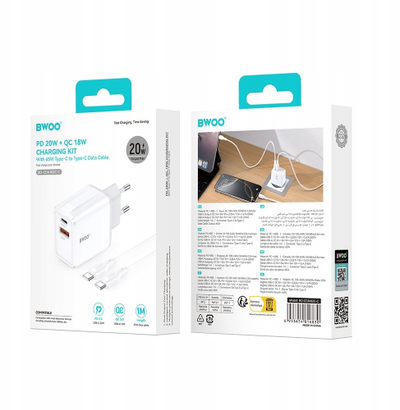 Karikues muri BWOO CDA182, 38W QC PD, 1x USB A 1x USB C, me kabllo USB C 1m, i bardhë