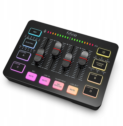 Mikser audio Fifine SC3, 2 kanale XLR, USB, RGB, i zi