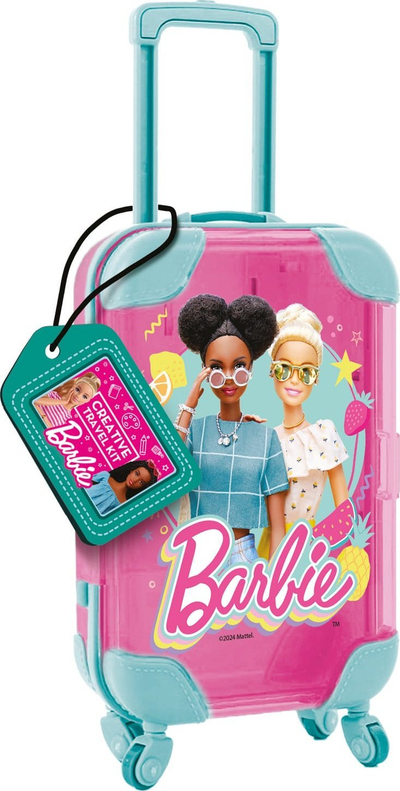 Set kreativ udhëtimi Lisciani Barbie Creative Suitcase 104666, me libër ngjyrosjeje dhe stikera, rozë