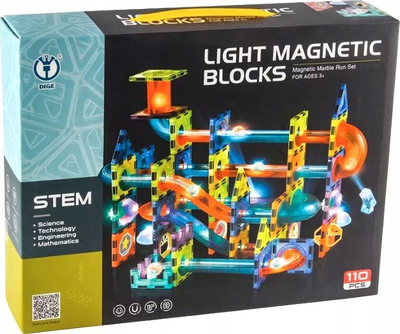 Lodër ndërtimi magnetike Light Magnetic Blocks Marble Run, 110 pjesë, me drita LED, shumëngjyrëshe
