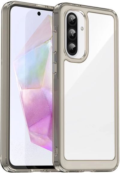 Mbështjellës telefoni Hurtel Outer Space për Samsung Galaxy A56, kornizë e butë, pjesë e pasme gjysmë e tejdukshme, i zi