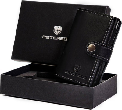 Portofol kartash Peterson Leather Slim, lëkurë natyrale, RFID Stop, i zi