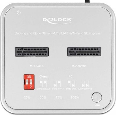 Docking station DeLOCK 64138, për M.2 SATA, NVMe edhe SD Express me USB, ngjyrë argjendi