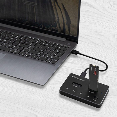Docking station Qoltec për M.2 SSD, NVMe SATA, USB C, 2 disqe nga 2TB, gri