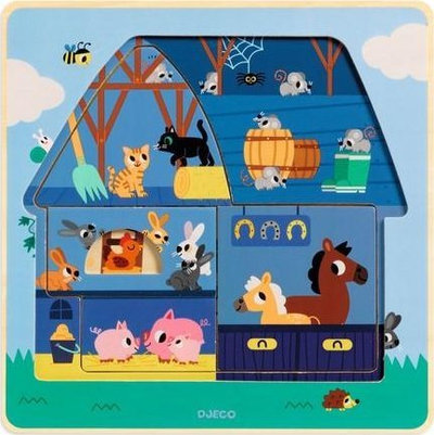 Puzzle me shtresa Djeco Chez Moo, puzzle druri, shumëngjyrësh