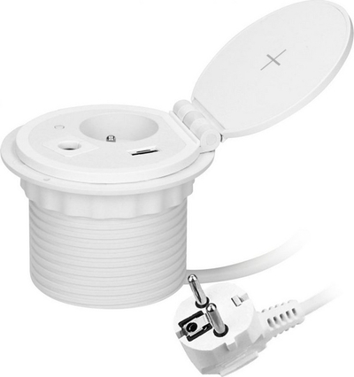 Prizë mobiljesh me karikues wireless Ø8cm, USB A dhe C, e bardhë