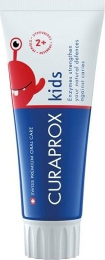 Pasta e dhëmbëve për kalamoj Curaprox Kids me shije luleshtrydhe, pa fluor, 60 ml