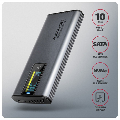 Kuti e jashtme për SSD AXAGON EEM2-SD2, M.2 NVMe SATA, USB C 10Gbps, gri
