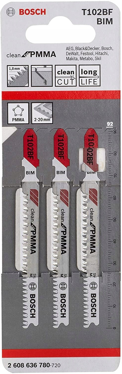 Set sharra pendël Bosch T102BF, 3 copë, për plastikë dhe akrilik