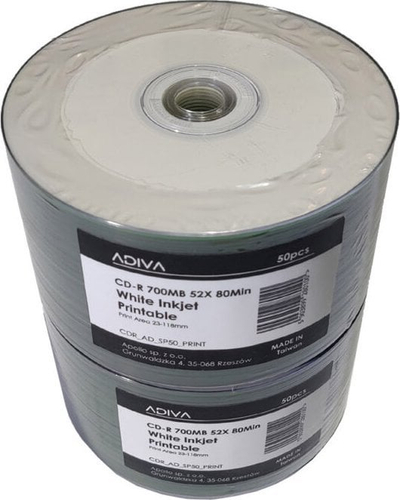 Disqe CD R Adiva, 700MB, 52x, 50 copë, të bardha për printim