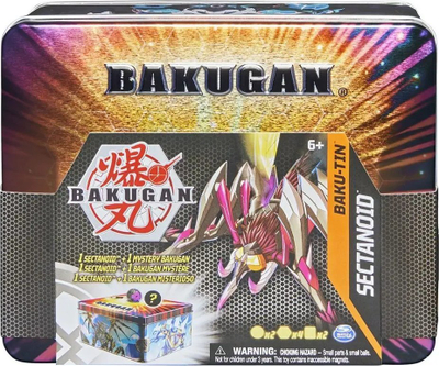 Kuti koleksionuese Bakugan Baku Tin Sectanoid, me figurë surprizë, shumëngjyrëshe