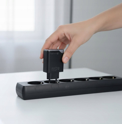 Karikues muri Forcell F-Energy GaN III ultra i hollë, 45W, USB A edhe USB C PD QC4.0, i zi