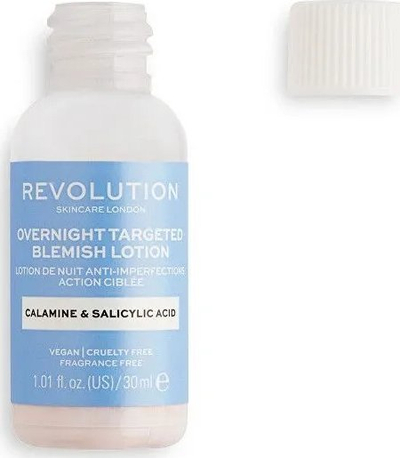 Trajtim nate për akne Revolution Skincare Overnight Targeted Blemish Lotion, me kalaminë dhe acid salicilik, 30 ml, rozë