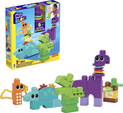 Lodër ndërtuese Mega Bloks Squeak 'n Chomp Dinos, 24 pjesë, sensorike, shumëngjyrëshe