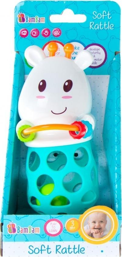 Мека дрвенеста играчка BamBam Soft Rattle Cow, за бебиња 3m+, повеќебојна