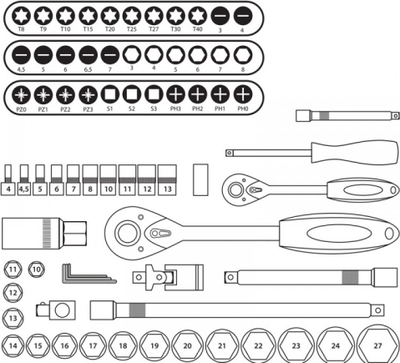 Set çelsash goditës Hillen&amp;Mohr 17K072A, 72 pjesë, 1/2\" 1/4\", në valixhe plastike