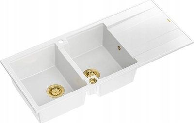 Lavabo kuzhine GranitQ Evan 121, 2 kuvoza, 1160x500 mm, e bardhë me elemente të arta