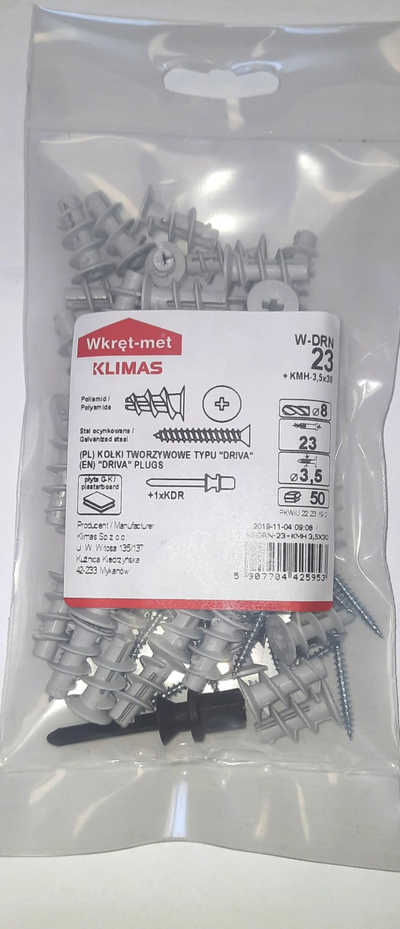 Tapa ekspansioni Klimas W-DRN-23, për mur gipsi, 50 copë