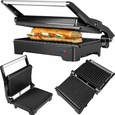 Toster për sanduiçe ECG S 2070 Panini, 1200W, sipërfaqe mos-ngjitëse, i zi me argjend