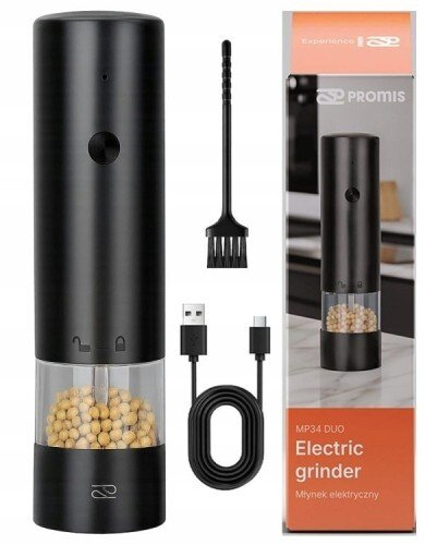 Mulli elektrik për erëza Promis MP34 Duo, me USB, me depozitë transparente, i zi