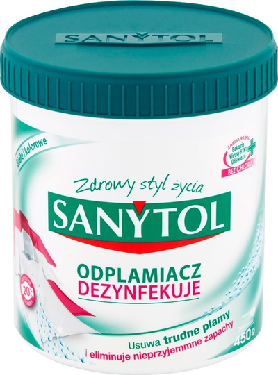 Pluhur Sanytol për heqjen e njollave, dezinfektues 450g, për rroba të bardha edhe me ngjyra