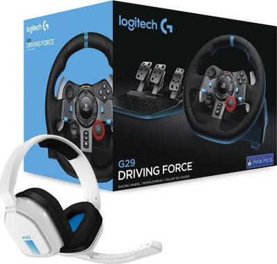 Paketë lojërash Logitech G29 Driving Force edhe Astro A10, për PS4, timon me pedale, kufje të bardha