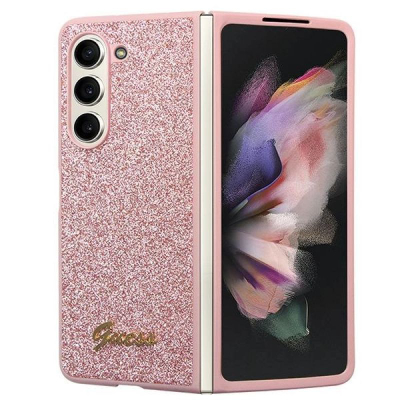 Kapak telefoni Guess Glitter Flakes për Samsung Galaxy Z Fold5, logo metalike, rozë me shkëlqim