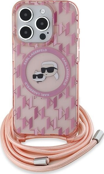 Mbulesë telefoni Karl Lagerfeld Karl &amp; Choupette Crossbody për iPhone 15 Pro, me rrip, rozë