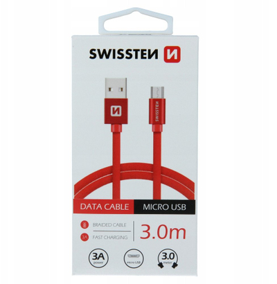 Kabllo USB Swissten Textile, Micro USB, 3m, 3A, e zezë